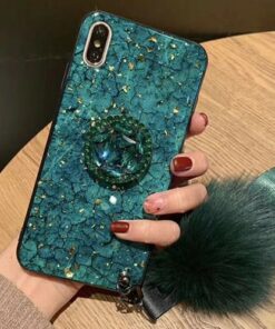 iPhone Marble Diamond Crystal Case With Pop Socket & Strap Pom Pom